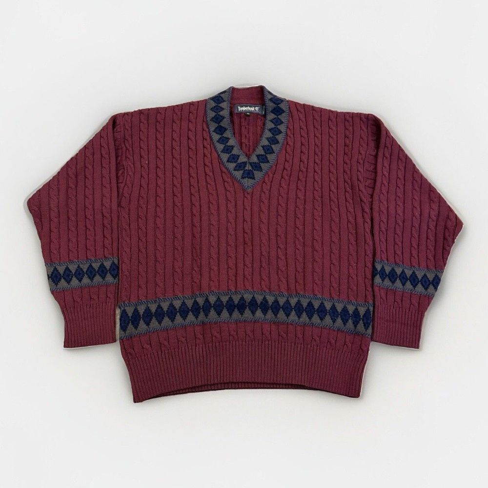 Vintage Timberland Sweater Mens M V-Neck Wool Italy Tennis Cable Knit 90s Preppy